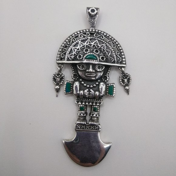 Peruvian necklace in 950 sterling silver with turquoise natural stone tumi desig - Picture 2 of 10